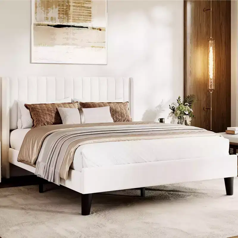 Bed Frame with Vertical Channel Tufted Wingback Headboard, Upholstered Platform Bed Frame with Strong Wooden Slats Support