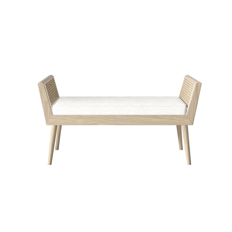 Aderyn Mid-Century Padded Bench with Raised Rattan Arms