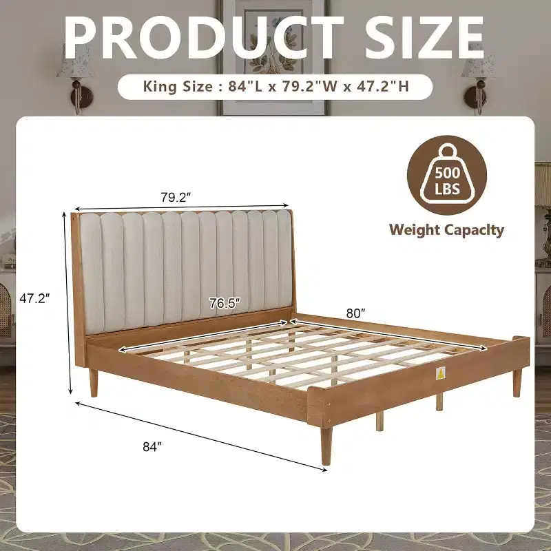 King Size Wooden Platform Bed Frame with Piano Key Style Upholstered Headboard, Strengthened Frame, No Box Spring Needed, Wheat