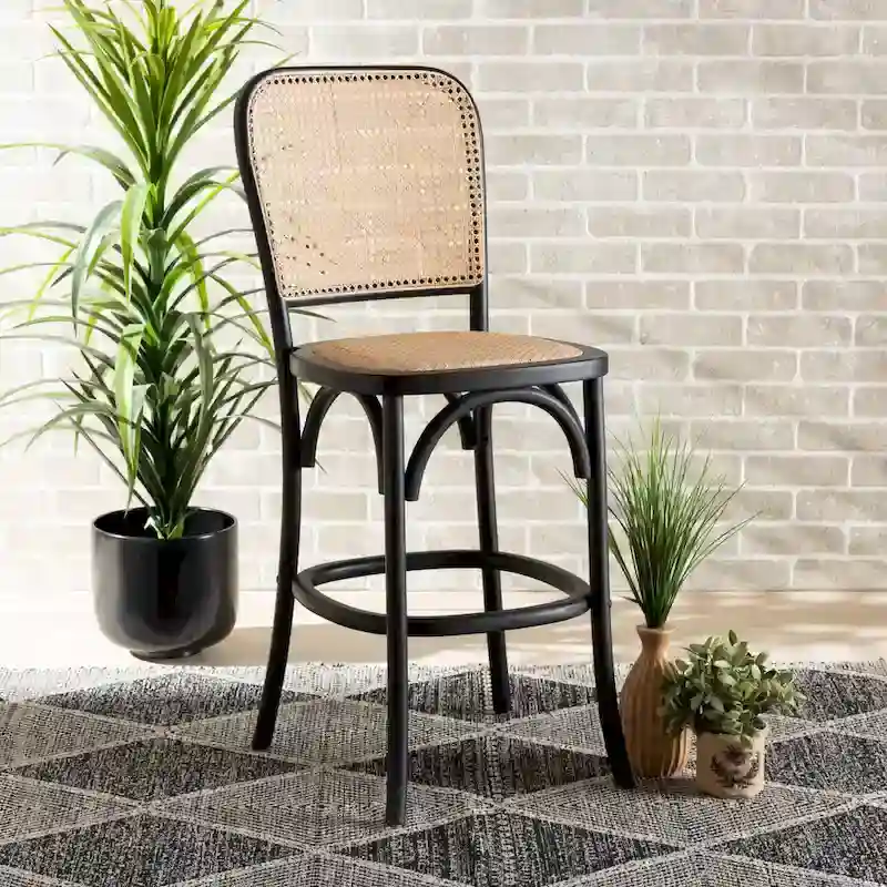 Vance Mid-Century Modern Woven Rattan and Wood Counter Stool