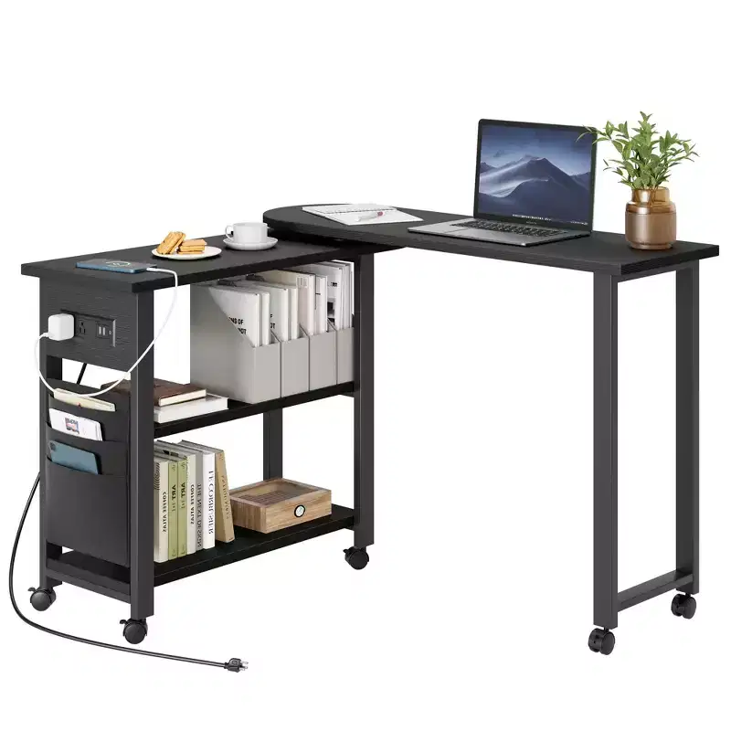 Garvee 360 Rotating Side Table with Charging Station, Swivel End Table with Storage Bag and 6 Lockable Wheels, Movable Table for Bedroom Living Room