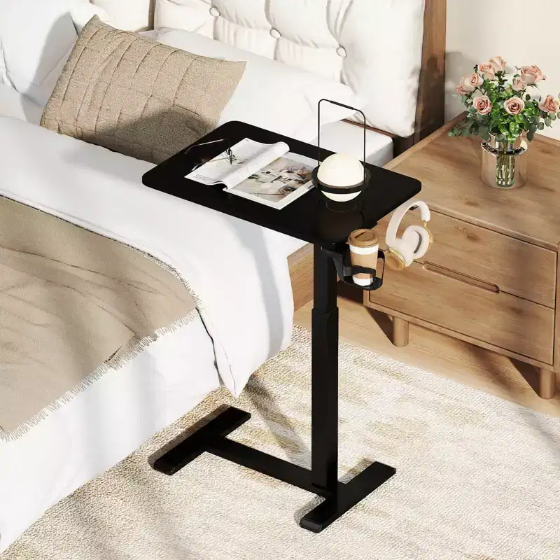 C-Shaped Side Table, Height Adjustable Overbed Bedside Table with Hook & Cup Holder, Black/Natural/White