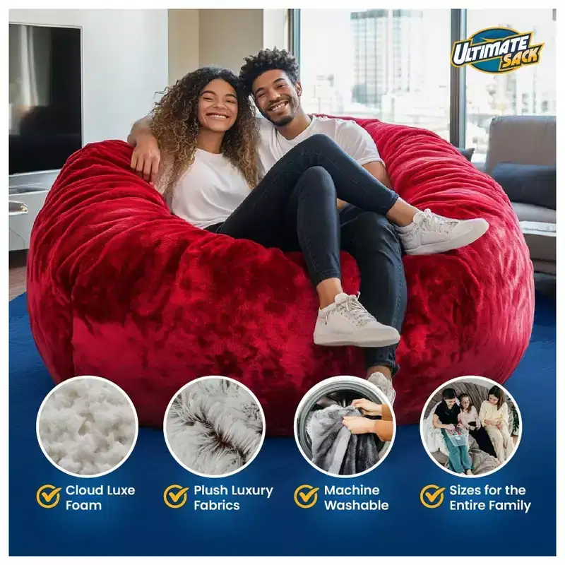 6ft Bean Bag Chair and Footstool, Oversized Lounger, Camel Suede
