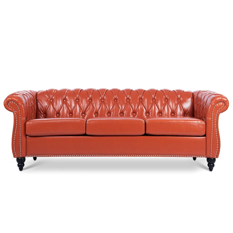 Classically Elegant 84.65 Three-Seater Rolled Arm Chesterfield Sofa in PU Leather - Sturdy Birch Legs, Soft Upholstery