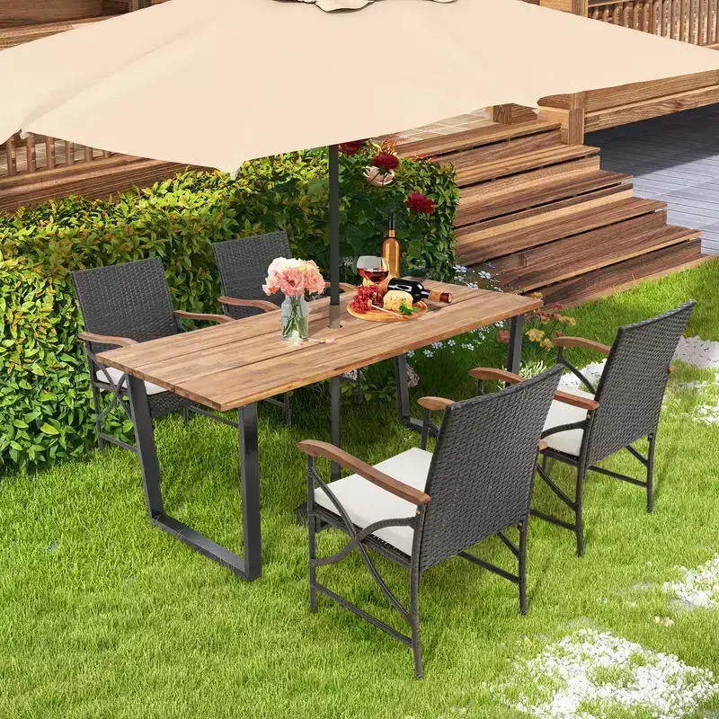 Costway 5 PCS Patio Rattan Dining Set Acacia Wood Table 4 Wicker Chairs with Umbrella Hole