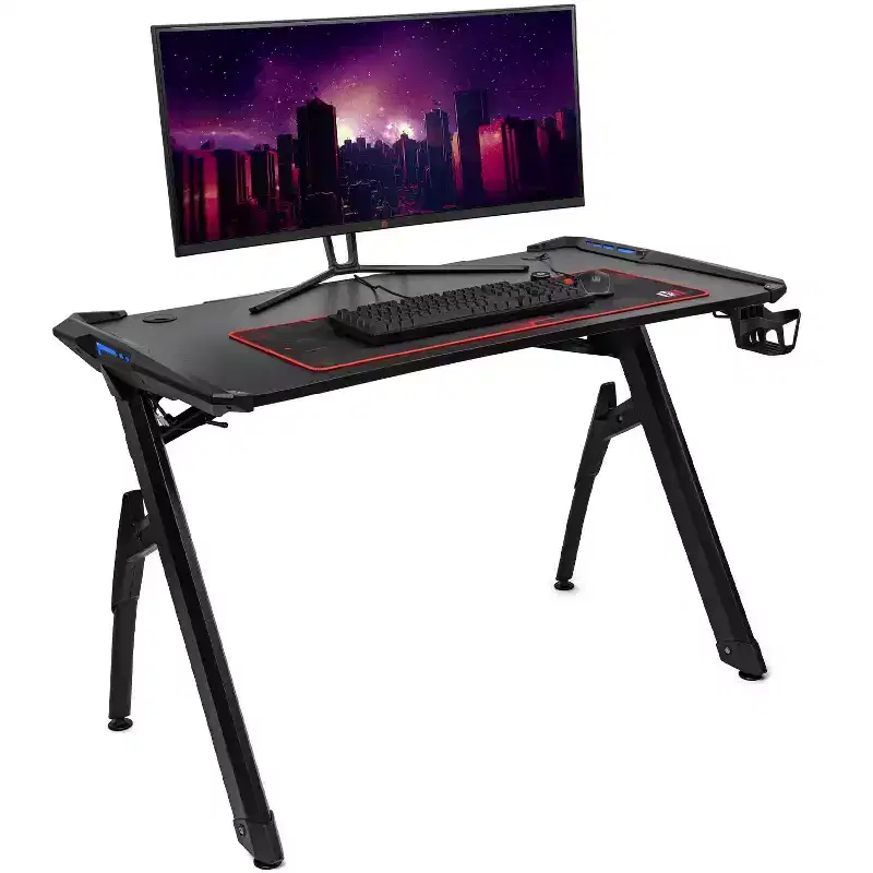 Deco Gear 47 LED Gaming Desk, Carbon Fiber Surface, Cable Management & Headphone Hook