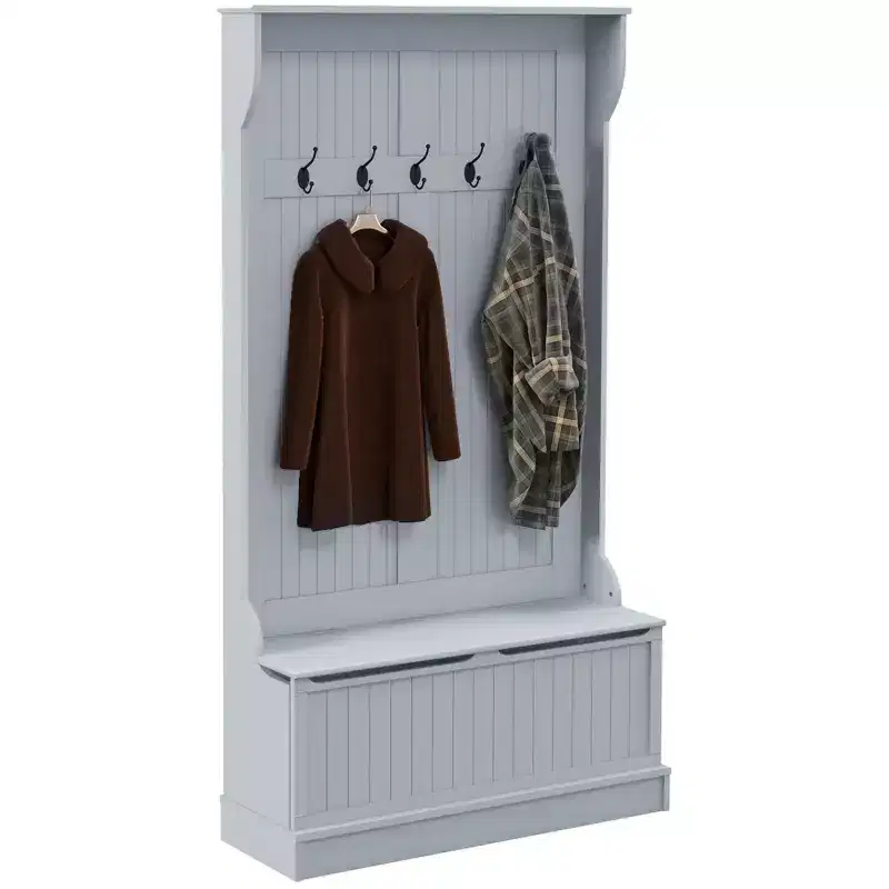 Okak 38IN Entryway Hall Tree with 5 Metal Hooks, Coat Tree with Shoe Storage and Top Door, Freestanding Coat Rack for Living Room, Entryway, Gray