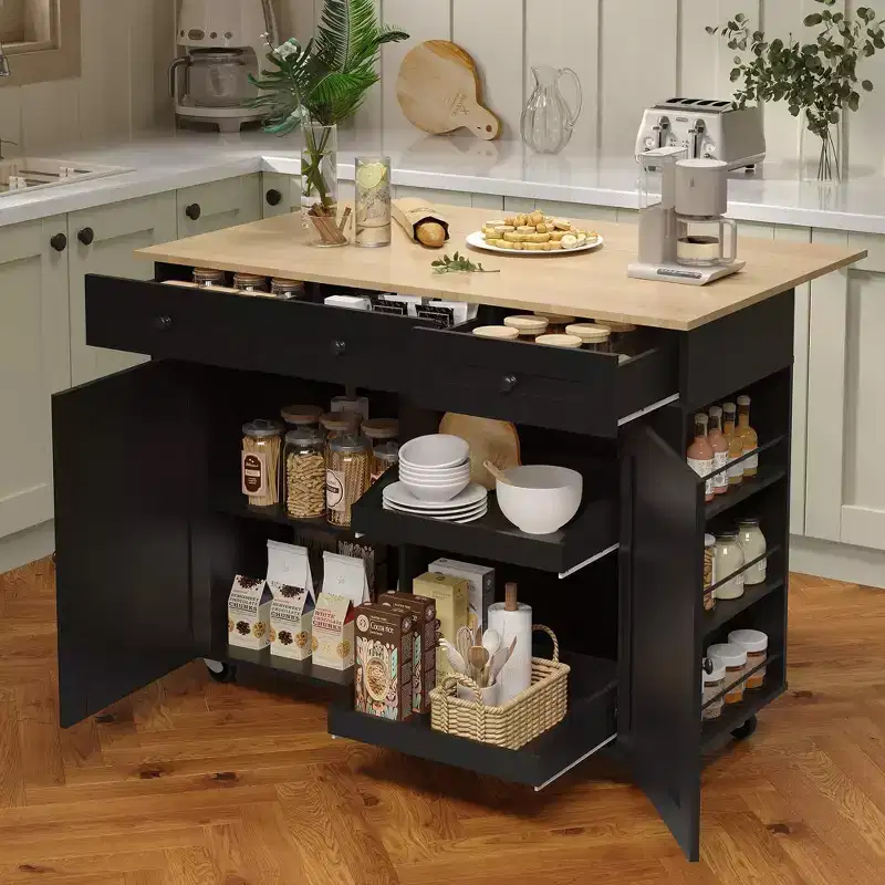 47.2 Mobile Kitchen Island with Drop Leaf Countertop, Charging Station, Rolling Kitchen Cart with Pull-Out Shelves, Drawers, Spice Rack