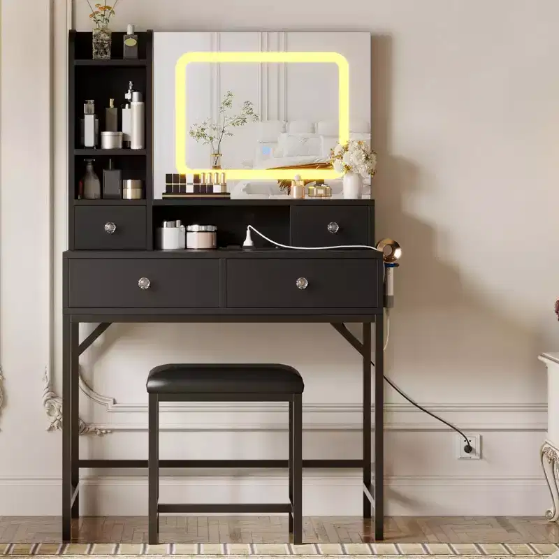 Makeup Vanity Desk and Stool with Mirror, Modern Vanity Table with Charging Station, 3 Lighting Dressing Table Set for Bedroom, Makeup Studio