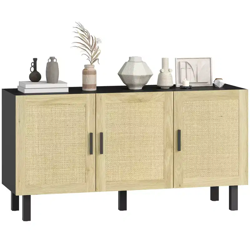 HOMCOM Sideboard Buffet Cabinet, Kitchen Cabinet & Coffee Bar Cabinet with 3 Rattan Doors and Adjustable Shelves