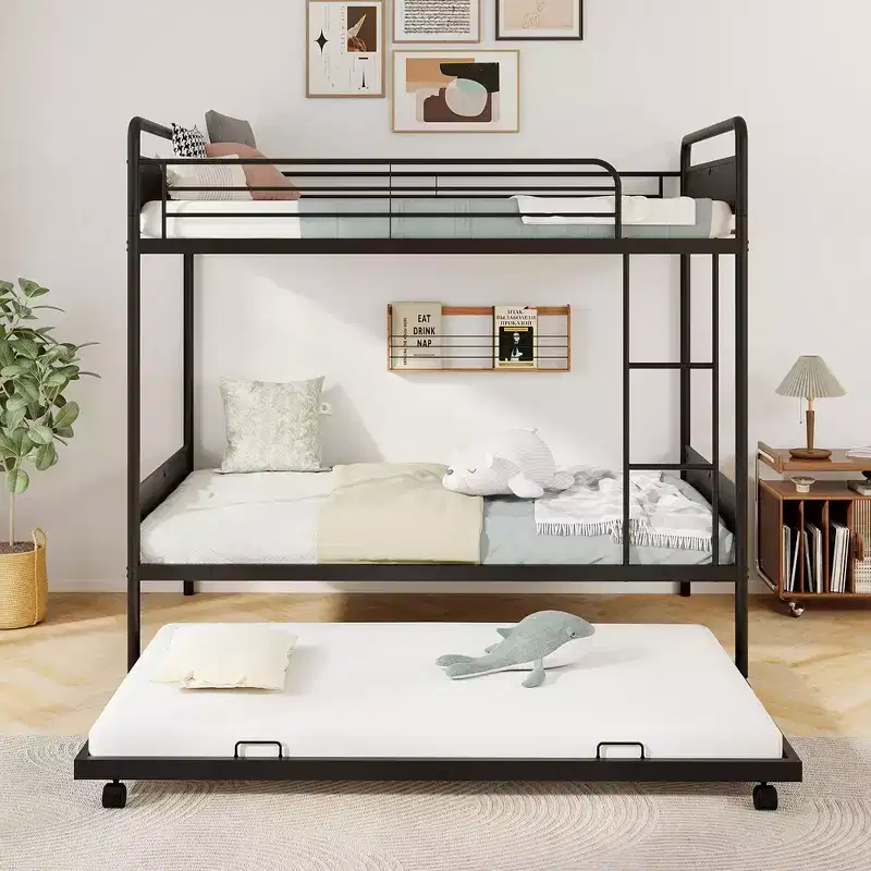 Costway Twin Over Twin Bunk Bed w/ Trundle Industrial Metal Bunkbed Frame