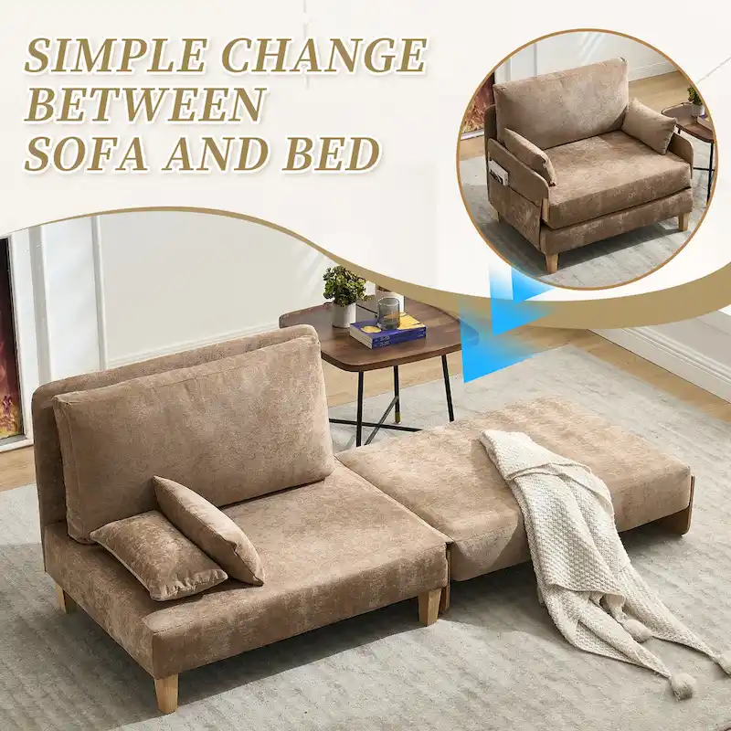 Chenille Upholstered Convertible Sleeper Recliner Foldable Chair Bed with 3 Pillows