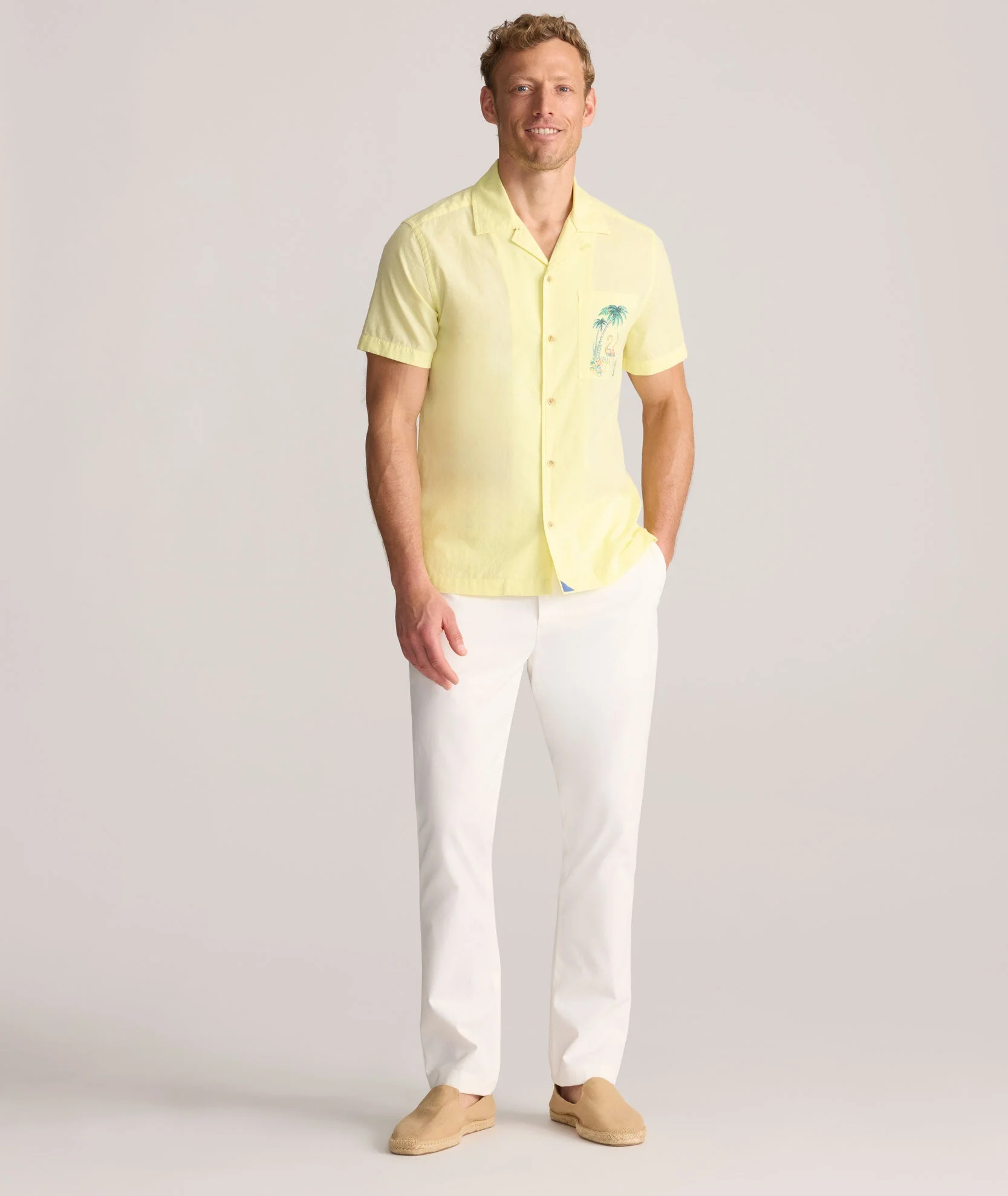 Camp Collar Short-Sleeve Slub Cotton Poplin Shirt