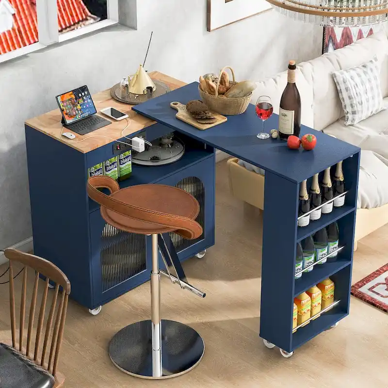 LED Lights Kitchen Island Cart With Extended Table and Power Outlets