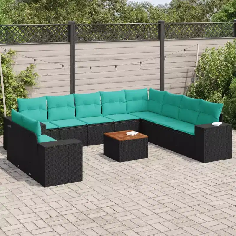 vidaXL 11 Piece Patio Sofa Set with Cushions - Black and Blue Poly Rattan