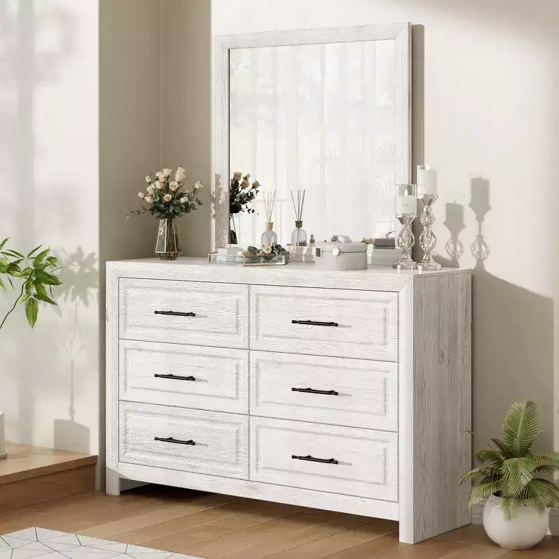 Hyleory Modern Bedroom Vanity Table with Mirror,6 big drawers