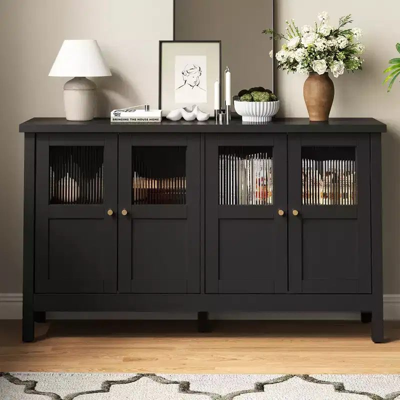 55 in. Sideboard Buffet Cabinet with Acrylic Accents and Adjustable Shelves, Wood Credenza