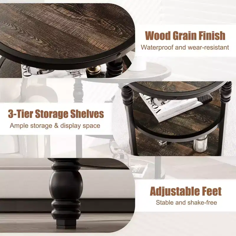 Round Side Table with 3 Shelves, Small End Table for Living Room, Bedroom, Steel Frame Nightstand & Coffee Table
