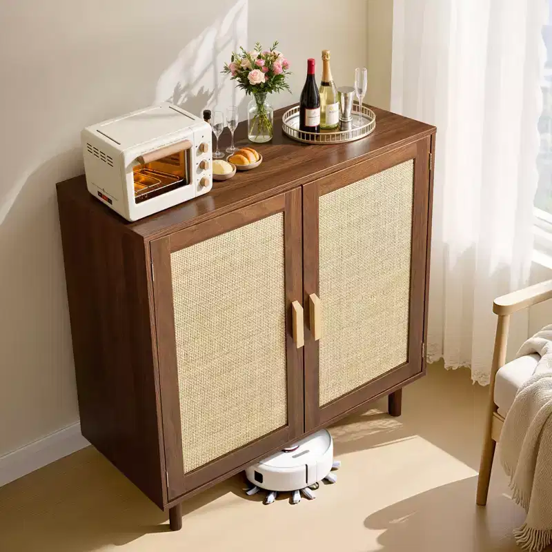 VEVOR Rattan Cabinet, with 2 Magnetic Doors and Adjustable Shelves, Accent Sideboard Buffet with Wooden Legs & Power Cord Hole, Khaki