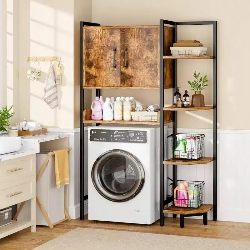Tier Over Toilet Storage Cabinet with Magnetic Doors, Freestanding Above Toilet Shelf, Rustic Brown, Heavy Duty, Adjustable Feet