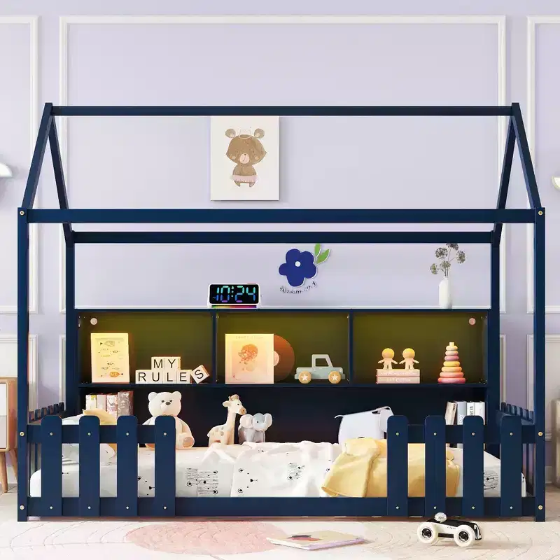 Twin Size House Bed with LED Light, Wood House Bed with Storage Bookshelf, Floor House Bed with Guardrails for Kids, Navy Blue