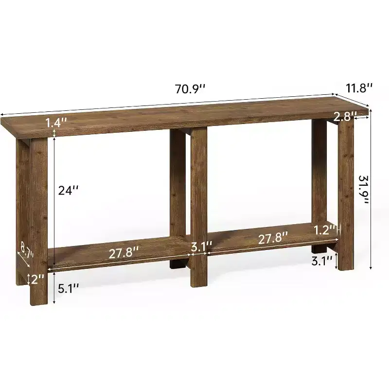 Lantine Solid Wood Console Table, 70.9-Inch Extra Long Wooden Sofa Table Behind Couch for Entryway, Hallway, Foyer, Living Room, Natural Brown