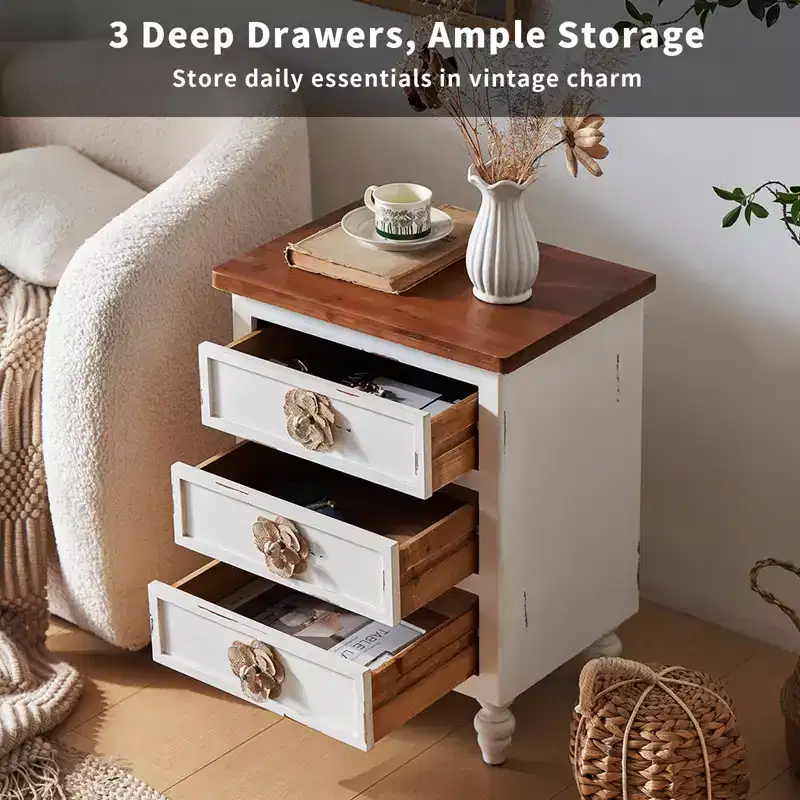Vintage Farmhouse End Rustic Farmhouse 3 Drawer Nightstand for Bedroom Living Room