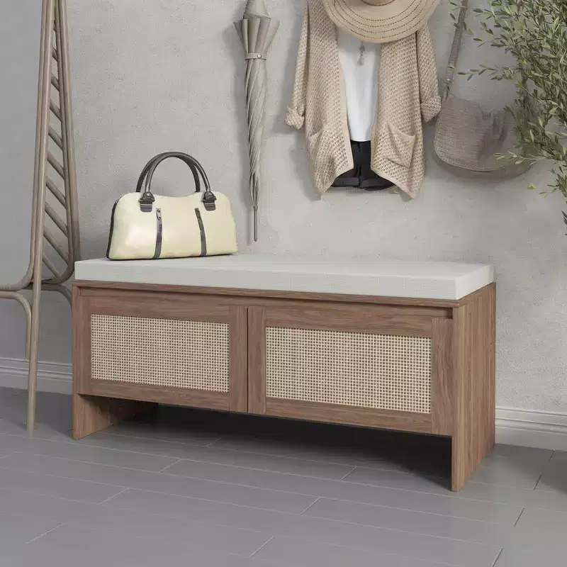 PP Rattan Storage Bench with Cushion: 2-Door Shoe Cabinet, Mid-Century Modern Entryway Seat for Hallway, Bedroom, Mudroom - Natural Finish