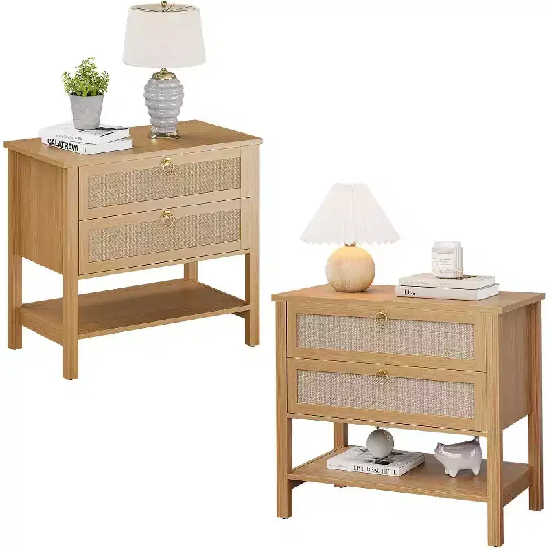 Acekool Rattan Nightstand Set of 2, Boho Night Stand with 2 Drawers and Open Shelf, Farmhouse Bedside Table