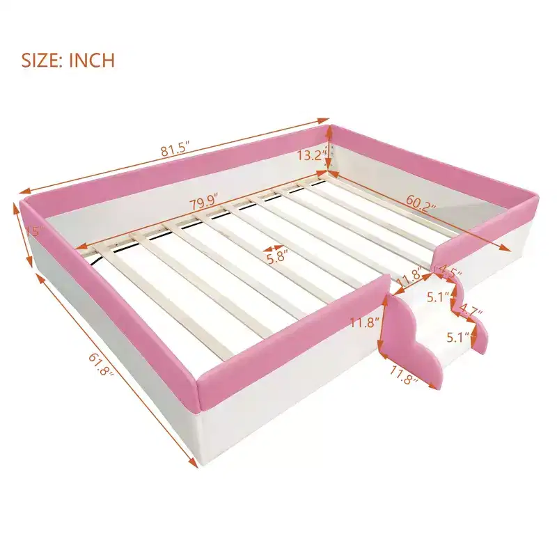 Bellemave PU Upholstered Montessori Floor Bed with Fence & Stairs, Queen Size Floor Bed with Slats for Kids, Girls & Boys (Pink+White)