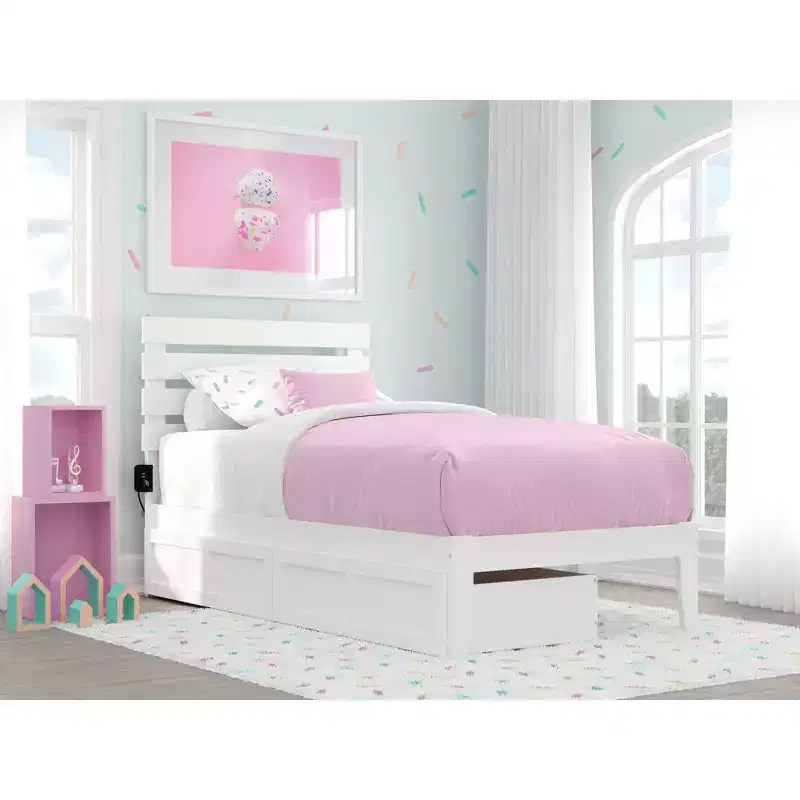 Twin Oxford Bed with USB Turbo Charger: 2 Underbed Drawers, No Box Spring Needed