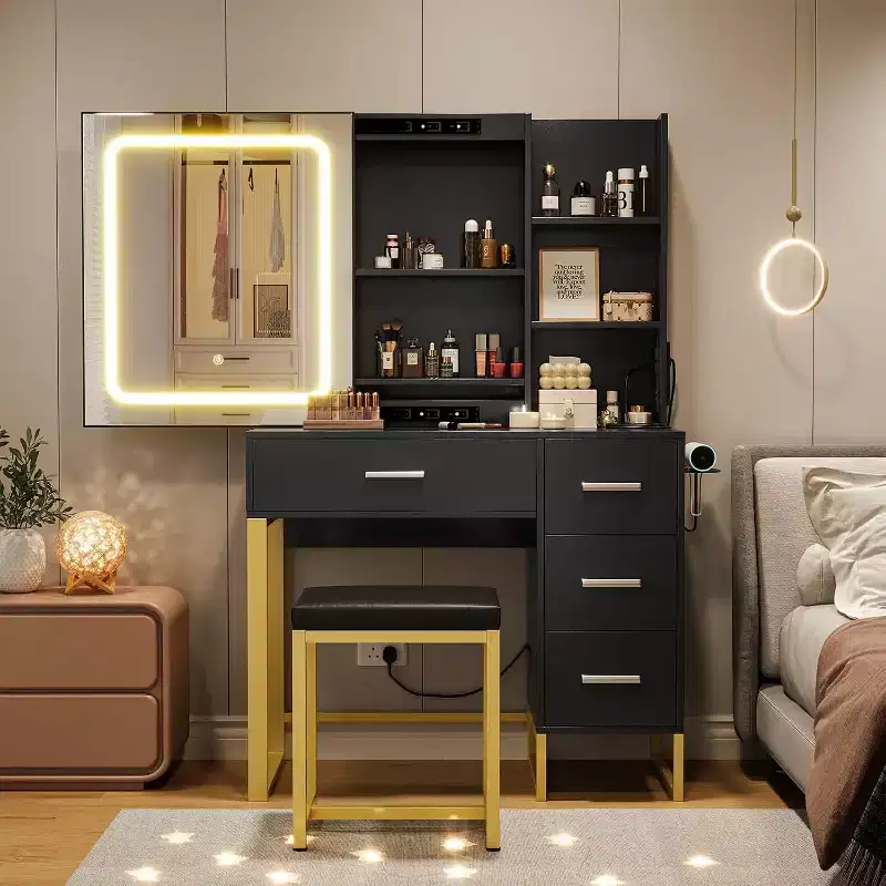 Makeup Table with Mirror & Lights, Makeup Vanity Desk, 3 Color Modes, with Power Outlet, Modern Vanity Table