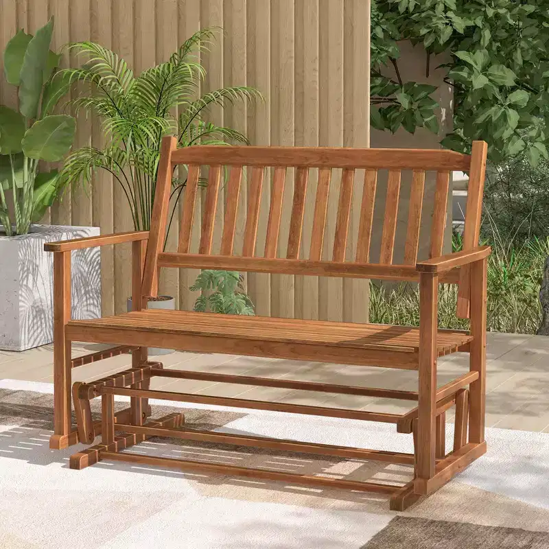 Costway Patio Glider Loveseat Chair Swing Rocking Bench with Slatted Seat & Curved Backrest White/Natural/Gray