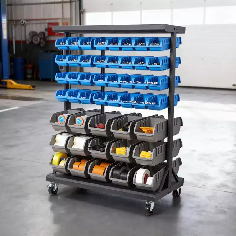 VEVOR 7-Tier Double-Sided Rolling Bin Storage Rack, 94 Plastic Bins, Dual-Sided Parts Organizer with Wheels, Mobile Tool Organizer, Black