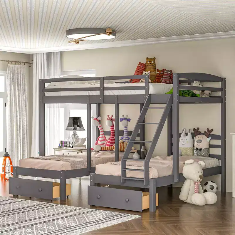 Kids Full over Twin & Twin Triple Bunk Bed with Drawers and Guardrails, Gray