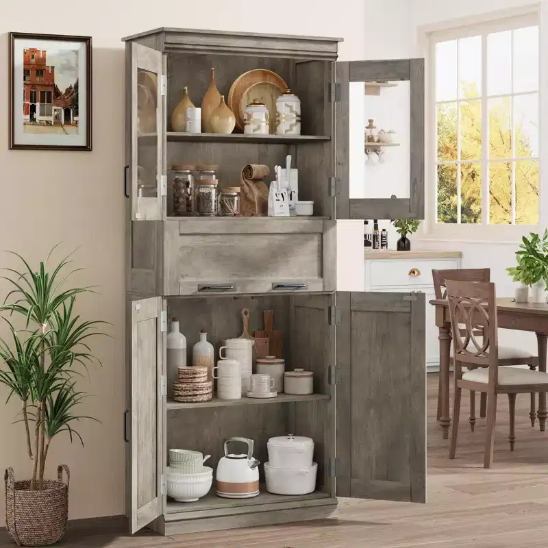 67 Inch Tall Cabinet with 4 Doors & Flip Glass Drawer, Storage Cabinet with Adjustable Shelves, Freestanding Organizer for Kitchen Pantry Living Room