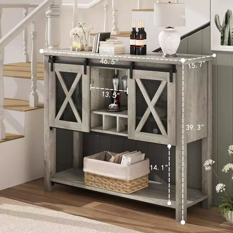 Wine Bar Cabinet with Sliding Barn Door, Coffee Cabinet with Wine Rack and Glass Holder, Kitchen Buffet Sideboard with Storage, Liquor Bar for Living