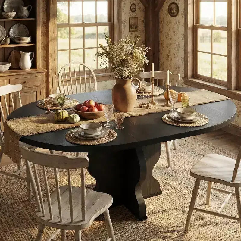 63 Extendable Round Dining Table for 4-8, Farmhouse Oval Kitchen Table with Sturdy Metal Frame & Wider Legs for Apartments