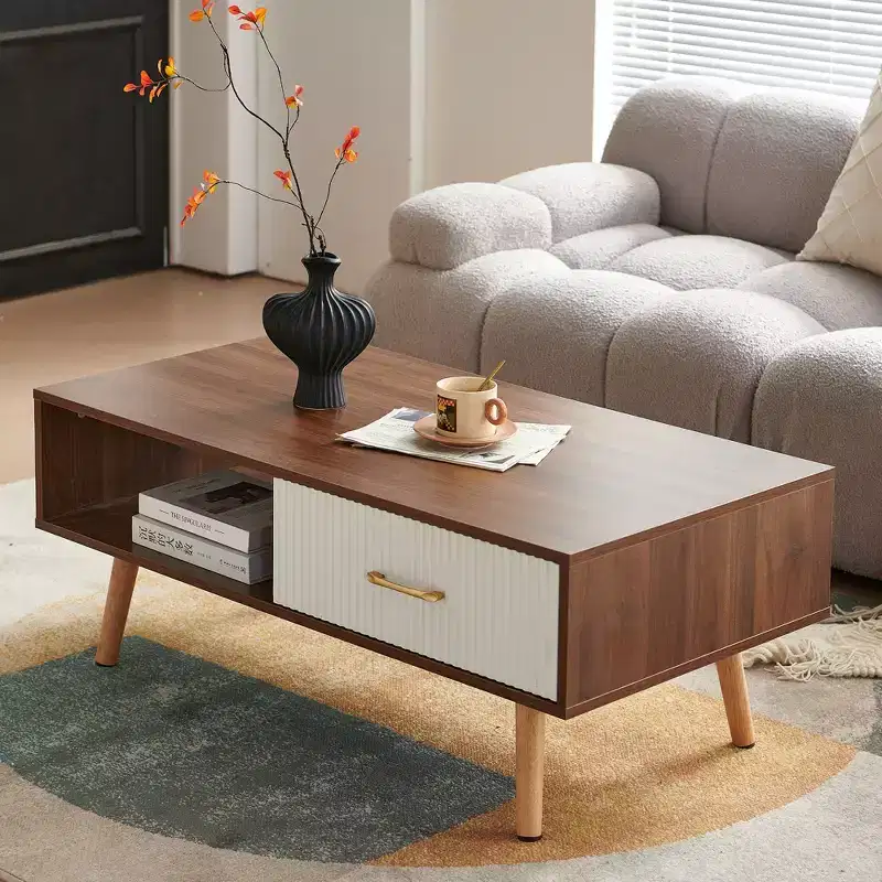 MAYEERTY Rectangle Coffee Table with Solid Wood Legs Sliding Drawer for Storage Modern Table for Living Room