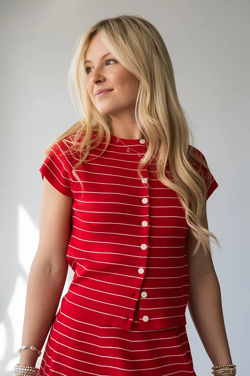Stripe Button Front Fitted Capped Sleeve Top