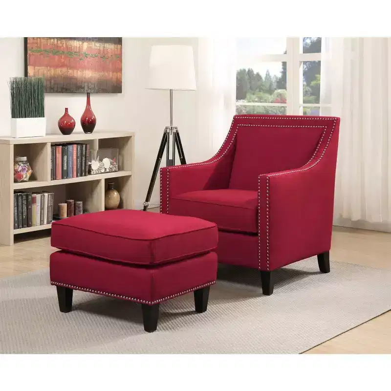 Square Upholstered Ottoman with Nailhead Trim & Espresso Legs