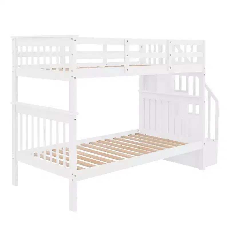 Whisen Twin-Over-Twin Bunk Bed & Bed Frame with Stairway, Storage and Guard Rail