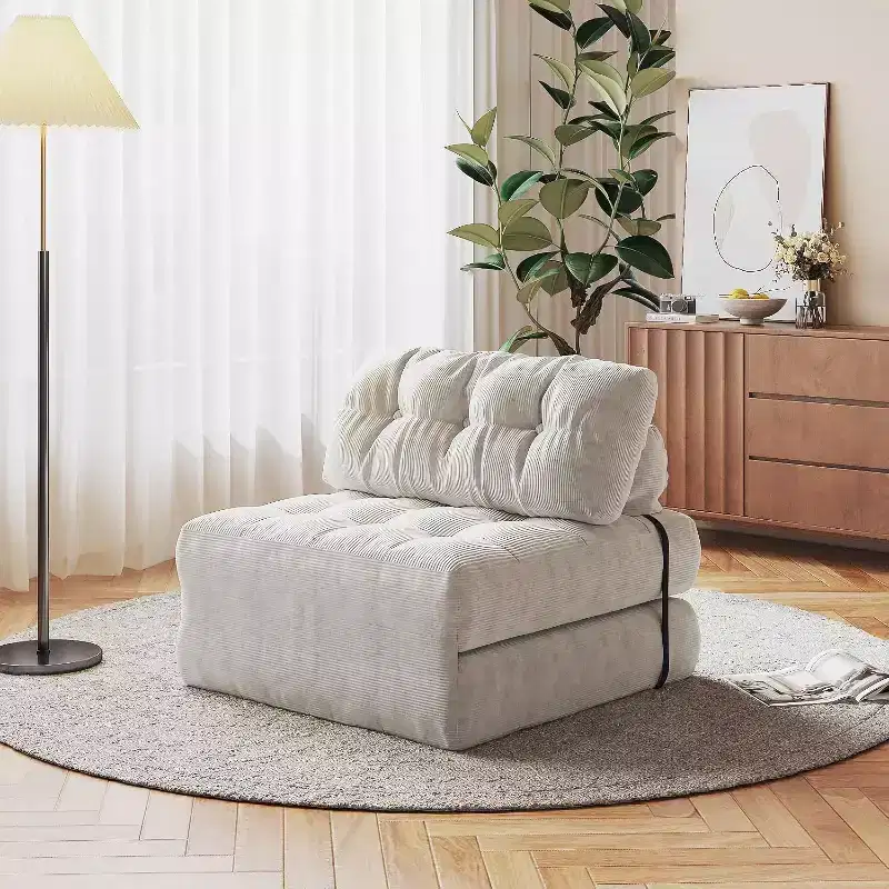 Folding Sofa Bed, Floor Folding Couch for Living Room, Convertible Sleeper Chair with Pillow Foldable Mattress Back Support, Beige