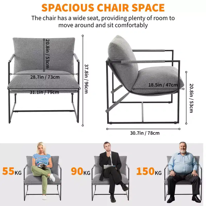 Sling Accent Chair with Metal Frame, Upholstered Living Room Chair with Foam Cushioning