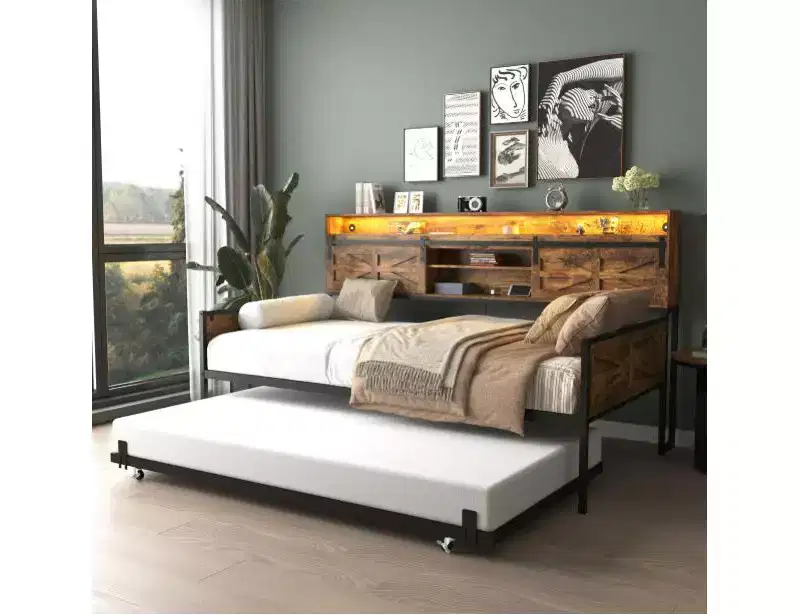 Farmhouse Double Sofa Bed with Wheels, Rustic Brown Frame, Barn Door Headboard, LED Lights & Charging Station, for Bedroom/Guest Room