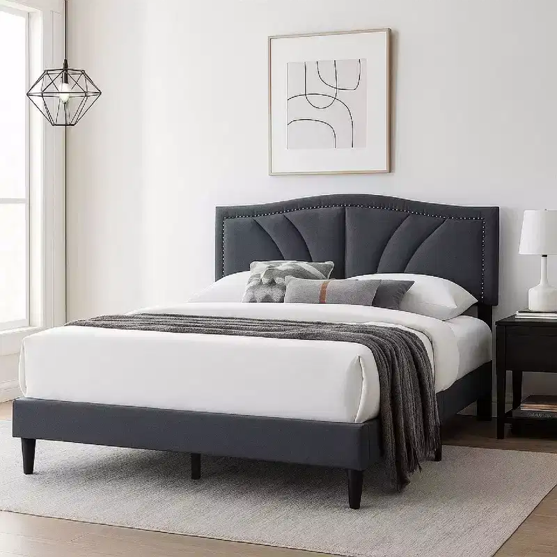 Queen Size Bed with Charcoal Gray Burlap Upholstered Curved Headboard & Nailhead Border