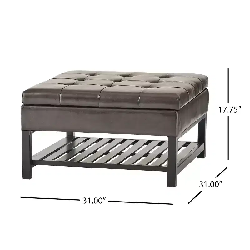 Contemporary Bonded Leather Tufted Storage Ottoman with Shelf, Brown/Dark Brown