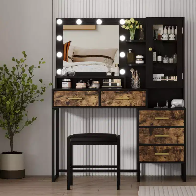 GustoWave Makeup Vanity with Upholstered Stool, Vanity Desk with Mirror and Lights, Vanity Table Set with Storage & 5 Drawers