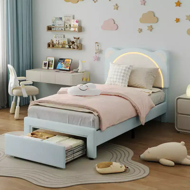 Single bed frame, padded platform bed frame with adjustable headboard and smart LED, wooden slat support, no spring mattress required.
