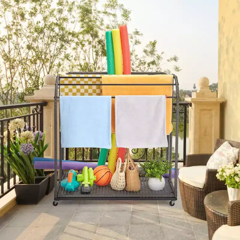 Poolside Towel Rack Outdoor,Rattan Weaving Towel Rack Freestanding,Storage Organizer with Compartment for Floats, Pool Noodles, Swimming Rings
